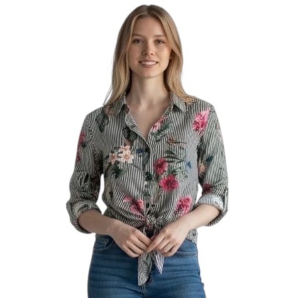 Dress Forum Striped Floral Tie Front Top - Picture 1 of 7